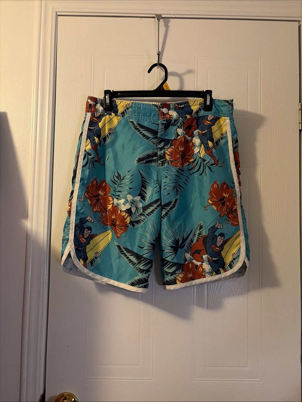 Superman Surfing Hawaiian Boardshorts Swim Trunk Pockets, Zipper Size Small Blue